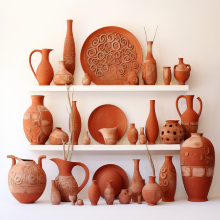 a collection of pottery is displayed on a wall shelf. the pottery is in a light red color and features realistic hyper-detailed rendering. the collection showcases experimental pottery inspired by mesopotamian art. the white background enhances the symmetrical arrangements, creating a captivating kitchen still life. ai generatedの素材