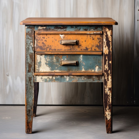 the rustic vintage nightstand, painted in white, showcases a captivating blend of dark yellow and light indigo hues. its metalworking mastery is evident in the intricate details, complemented by touches of dark orange and dark green. this tabletop photography captures the essence of the hudson river school, with a mesmerizing combination of blue and amber tones. the overall aesthetic exudes a sense of decay andの素材