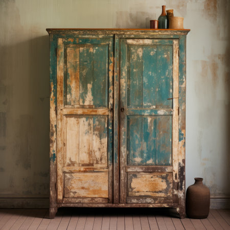 the old cabinet, in a style of dark turquoise and amber, sits in an empty room. its distressed and weathered surfaces reflect a critique of consumer culture during the great depression. with goa-inspired motifs, it also raises ethical concerns and depicts rural life. ai generatedの素材