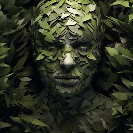 a man wearing a green outfit blends seamlessly into his surroundings with a face intricately crafted from leaves. this photograph captures the essence of realistic fantasy artwork, showcasing nature-inspired camouflage. the portraitures are meticulously detailed, resembling feminine sculptures. the image is of high quality, with ultra-high definition (uhd) resolution, reminiscent of the captivating photography found in national geographic. the photograph is attributed to serge marshennikov.の素材