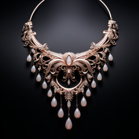 a white gold and opal necklace featuring baroque ornamental flourishes. the necklace showcases a combination of light pink and bronze tones, with photorealistic details and intricate woodcut designs. the high-quality photo captures the flowing forms and symmetrical arrangement of this stunning piece. ai generatedの素材