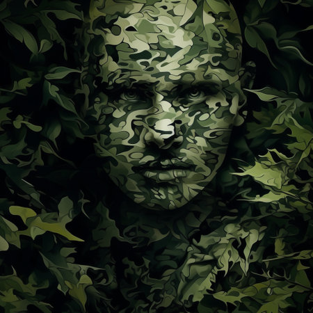 the photo showcases a surrealistic portrait of an army uniform with a camouflage pattern. this military-themed artwork combines elements of ethereal foliage and photo illustration, creating a neo-mosaic effect. the strong contrast and chiaroscuro lighting enhance the expressive faces within the composition, making it a captivating piece. ai generatedの素材
