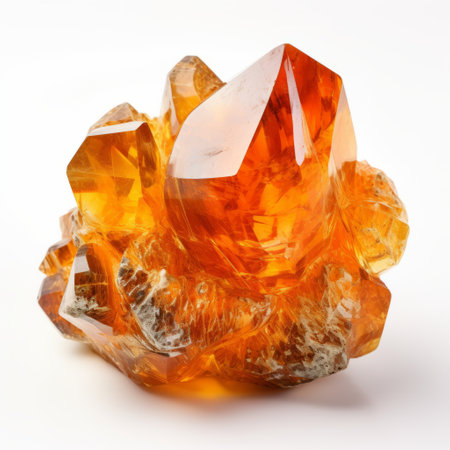 ice crystal with orange crystals on a white background, resembling dark amber and emerald. the voluminous forms, inspired by richard meier's architectural style, are made of plastic. the crystal exhibits a combination of light orange and light indigo hues, creating a striking contrast. the image is captured with sharp focus, highlighting the intricate details of the crystal. ai generatedの素材