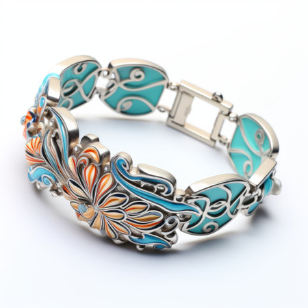 fawn opal turquoise and orange flower and vine bracelet: this high-quality photo showcases a stunning bracelet featuring a combination of fawn, opal, turquoise, and orange colors. the bracelet is designed in a realistic and detailed style, incorporating traditional japanese artistic techniques. with engraved ornaments and intricate patterns, the aluminum bracelet exhibits sinuous and delicate lines, creating an exquisite piece of jewelry. ai generatedの素材