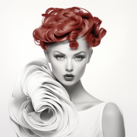 a girl in a white dress with red hair stands out in this hyperrealistic composition. the vintage cut-and-paste style adds a unique touch, while the sleek metallic finish enhances the overall aesthetic. the use of spirals and curves creates a visually captivating effect. the light red and gray tones, along with volumetric lighting, add depth and dimension. this artwork showcases a bold and vibrant useの素材