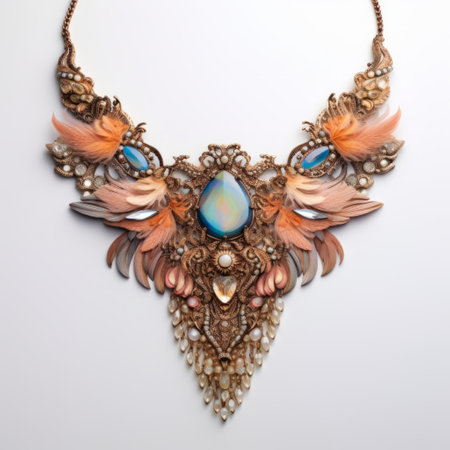 abstract necklace design featuring opal, turquoise, and coral tones. inspired by rococo style, it showcases intricate feather details and a combination of light orange and dark gold hues. the matte photo highlights the fine engraving and symbolic use of animals. the ethereal lighting adds to its overall allure. ai generatedの素材
