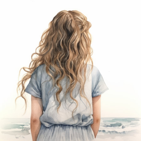 a watercolor painting featuring a girl in a blue dress at the beach. this realistic landscape artwork showcases soft, tonal colors and captures the essence of wavy ocean waves. the style is reminiscent of studio portraiture with realist detail, drawing inspiration from happenings, dutch realism, and naturalistic elements. ai generatedの素材