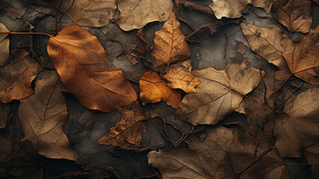 autumn leaves scattered on a concrete floor, showcasing a captivating blend of dark gray and light bronze hues. the multilayered surfaces create an atmospheric woodland imagery, reminiscent of fragmented bodies. this uhd image captures the essence of organic sculptures and nature-inspired imagery. ai generatedの素材