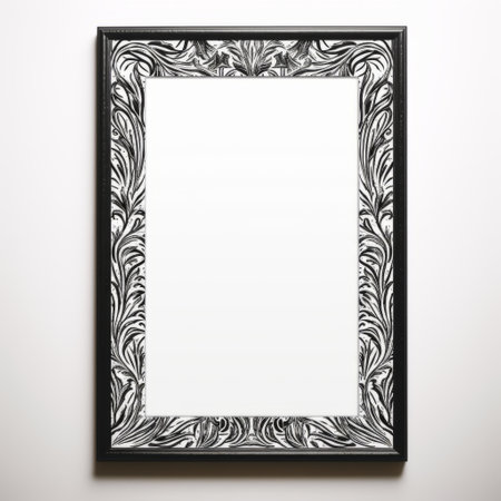 a black and white art nouveau woodblock print frame hangs on a white wall, showcasing layered translucency and intricate leaf patterns. the dark brown and gray tones create an eye-catching composition reminiscent of mirror rooms. ai generatedの素材