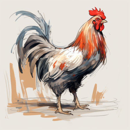 a detailed watercolor illustration of a chicken, showcasing a character design with large brushstrokes and loose brushwork. the style features a combination of dark silver and light red tones, creating a dynamic color scheme. this unique artwork captures the essence of the manticore, with an added touch of creativity and the use of rtx technology. ai generatedの素材