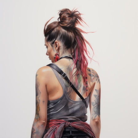 a woman with a tattoo in her hair is depicted in this spray painted realism drawing. the artwork showcases photorealistic details and hyper-realistic oil techniques, with a color palette dominated by red and pink. the hard edge painter style adds a distinct visual impact to the highly detailed figures. captured using a sony alpha a7 iii camera. ai generatedの素材