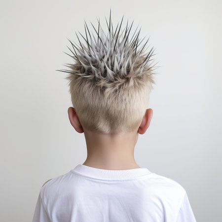 a young boy with spiked hair showcasing a conceptual minimalistic style. the photo features a light color palette of white and gray, with focus stacking techniques applied. the boy's hairstyle reflects elements of pantonepunk, while the overall composition incorporates organic biomorphism and imitated material. this unique blend creates a visually striking image with a touch of tupinipunk influence. ai generatedの素材