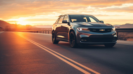 2019 chevy traverse suv driving down the road after sunset, captured in the style of john wilhelm. this 4k photograph showcases the sleek black and gray vehicle as sunrays beautifully illuminate its futuristic design. the composition, reminiscent of hendrick cornelisz vroom's forced perspective technique, adds an artistic touch to this stunning image. ai generatedの素材