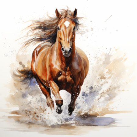 a watercolor illustration captures the essence of a horse running, showcasing the highly realistic and explosive wildlife style of marcin sobas. the elegant and emotive faces of the horse are depicted with a touch of high speed sync, reminiscent of the artistry of ryan hewett. the brown and amber tones add depth and warmth to this captivating artwork. ai generatedの素材