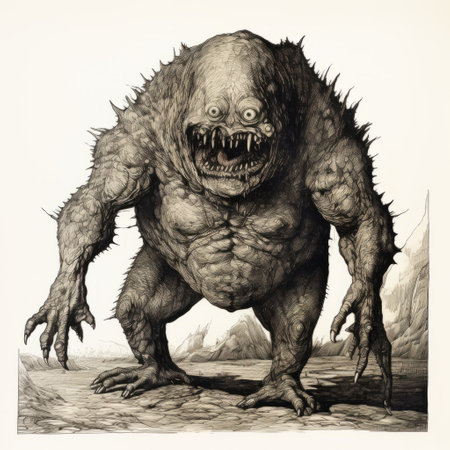 a highly detailed illustration of a monstrous creature with giant arms dominates the image. the ink wash painting technique adds depth and texture to the artwork. the monster's spiky mounds and hellish background create a sense of intensity and darkness. this captivating image showcases the artist's skill in creating a visually striking and eerie scene. ai generatedの素材
