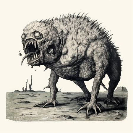 daniel scott's textured illustrations capture the essence of dragons and cults, zombies and creatures, showcasing the ultimate bad. with the use of the zeiss planar t 80mm f/2.8 lens, scott's grotesque caricatures come to life in detailed monotone, revealing spiky mounds and a world teeming with eerie wildlife. ed piskor's influence is evident in this captivating artwork. ai generatedの素材