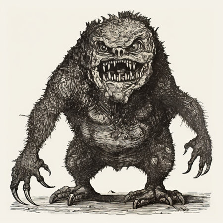 an old drawing of the monster from the zoetrope series, featuring intense expressions and detailed science fiction illustrations. this comic art-style illustration showcases the monster's intricate design and captures the essence of taxidermy. the high-resolution image allows for a closer look at the intricate details of this captivating creature. ai generatedの素材