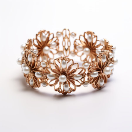 a stunning rose gold, gold, and pearl bracelet showcasing intricate floral arrangements. this exquisite piece, crafted using traditional japanese artistic techniques, is beautifully rendered in cinema4d. made with delicate wirework, the bracelet is captured against a clean white background using focus stacking. a true masterpiece inspired by the american barbizon school. ai generatedの素材