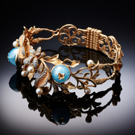 blue enamel jewelry bracelet with baroque still life style. the bracelet features gold and aquamarine accents, incorporating decorative art nouveau elements. intricate floral arrangements adorn the piece, showcasing the craftsmanship. captured with a voigtlander heliar 15mm f45 lens, the bracelet shines in dark gold and white tones, exuding a polished metamorphosis. ai generatedの素材