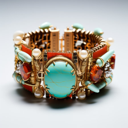 a stunning turquoise and gold jewelry set featuring a bracelet and pendant. this grandiose composition showcases elaborate details in a light brown and orange color scheme. with an eclectic curatorial style inspired by the harlem renaissance, these high-detailed pieces exude a unique sparklecore aesthetic. ai generatedの素材