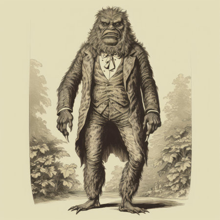 joel cullum, a fictional monster from the original monsters, inc., is depicted in this 19th-century-style illustration. the detailed artwork showcases the creature's full body, with a solarization effect adding a unique touch. inspired by british topographical and late 19th-century political illustrations, this piece captures the essence of a fantastical wildlife encounter. ai generatedの素材
