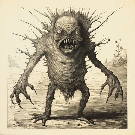 a detailed science fiction illustration in the style of fernand toussaint and clive madgwick, showcasing a creature with a mouth full of teeth. the drawing features spiky mounds and is created using holotone printing technique. this mono-ha artwork presents a full-body depiction of the creature, capturing its intricate and captivating features. ai generatedの素材