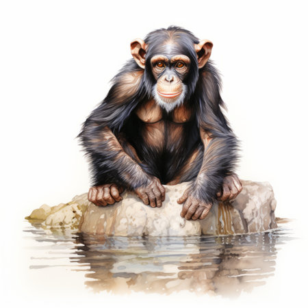 a small chimpanzee, in the style of hyperrealistic illustrations, sits on a rock, gazing at the water. this watercolor illustration, created with airbrush art techniques, showcases high resolution details that emphasize the emotional expression of the chimpanzee. the artwork is beautifully rendered by thechamba. ai generatedの素材
