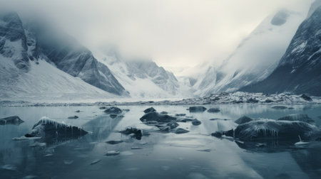 a glacial river winds through frozen lands in this captivating winter scene. the photo captures a moody and atmospheric ambiance, reminiscent of a matte painting. shot with a graflex speed graphic camera, the image evokes post-apocalyptic imagery and showcases the grandeur of mountainous vistas. this national geographic photo offers a glimpse into the captivating beauty of our global landscape. ai generatedの素材