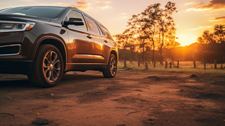 a brown suv parked on a dirt path, exuding a sense of adventure for an afternoon drive in the desert. the golden light enhances the artistic composition, reminiscent of the styles of tonga, afrofuturism, and pastoral aesthetics. shot on 70mm film, the image captures fleeting moments in a captivating blend of silver and orange tones. ai generatedの素材