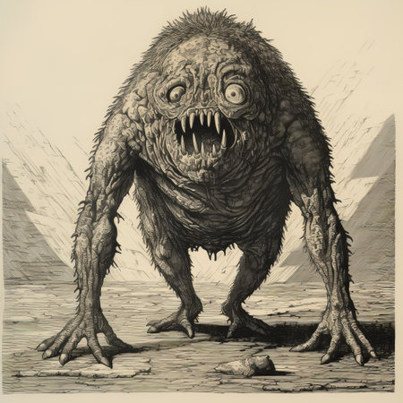 a sketch of a monster, inspired by the styles of robert bissell, robert crumb, and theodore gericault. the monster features exaggerated proportions and is surrounded by spiky mounds. the sketch has a bold lithographic quality reminiscent of late 19th-century art. ai generatedの素材