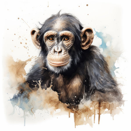 a little chimpanzee watercolor painting with aggressive digital illustration style, surrealistic elements, and spray painted realism. the artwork features a dark white and gold color palette, epic portraiture, street art elements, and human-canvas integration. ai generatedの素材