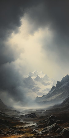 a stunning 8k resolution painting by andreas levers, showcasing a mountain and landscape enveloped by heavy clouds. this zbrush-style artwork captivates with its realistic detail, featuring spiky mounds and snow scenes. the flowing surrealism adds an intriguing touch to this mesmerizing piece. ai generatedの素材