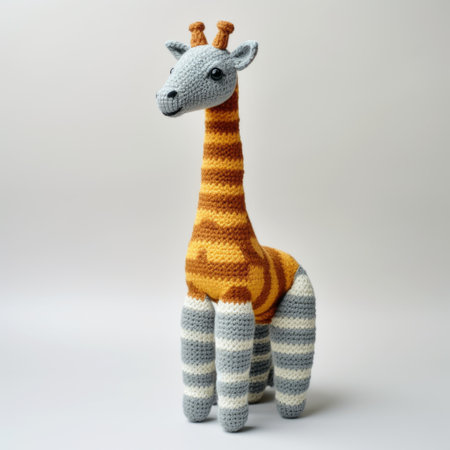 handmade crocheted giraffe in the style of john wilhelm. this unique creation features bold patterns and typography, with a combination of stripes and shapes in shades of gray and amber. inspired by the artwork of kurzgesagt, the giraffe showcases a stunning color palette of light orange, light gold, light yellow, and light indigo. ai generatedの素材