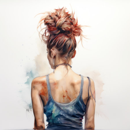 a watercolor drawing of a girl with a bun, showcasing dynamic action painting style. the highly detailed illustration features hyper-realistic oil techniques, resulting in a uhd image. the color palette consists of dark cyan and light crimson, creating a visually striking contrast. this artwork, created with photo-realistic techniques, has won a contest. ai generatedの素材