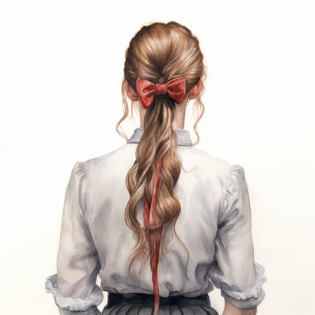 a young girl wearing a white blouse with a red bow in her hair. the illustration showcases a realistic and detailed rendering, inspired by dolly kei and marine painter styles. the color palette consists of light red and dark gray, creating an editorial illustration with a neo-victorian touch. the girl is depicted in a frontal perspective. ai generatedの素材