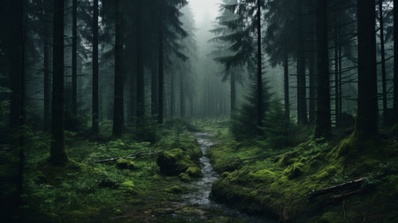 a mesmerizing 8k resolution photograph captures a misty forest scene, showcasing a stream adorned with grasses and tree leaves. the dark green and black tones create a science-fiction-like ambiance, while the eerily realistic details make it hard to believe it's not a painting. this national geographic photo is a stunning uhd image that immerses viewers in the enchanting beauty of nature. ai generatedの素材
