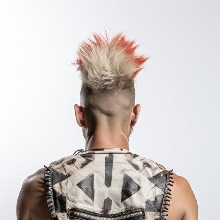 a man with short hair in a mohawk hairstyle is depicted in this close-up photo. the man is isolated on a white background and is styled with light red and light gray colors. the artwork is influenced by japonism, featuring elements of light brown and magenta. the image also incorporates elements of indigenous culture and steelpunk, with a mix of dark white and light orangeの素材