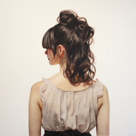 stylized hairstyling by jade art featuring a natural matte finish. the hairstyle is inspired by realistic figurative paintings, american tonalism, and classical realism. the color palette includes dark brown and light beige tones, reminiscent of kodak portra film. the overall look is influenced by the mori kei style, with an emphasis on realist detail. ai generatedの素材