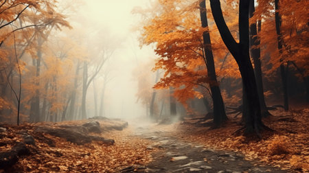 autumn fog envelops a serene path in this nature wallpaper stock photo. the image showcases a fantasy landscape with a color palette of light orange and dark beige. with a resolution of 4k and 32k uhd, this forestpunk-inspired picture captures the essence of a hikecore adventure. ai generatedの素材