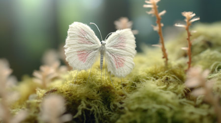 a butterfly perches gracefully on the lush moss in a woodland setting. this captivating image showcases the intricate beauty of sculptural paper constructions, featuring delicate shades of white and pink. the soft sculpture resembles exquisite jewelry crafted by talented painters and sculptors. the attention to detail in this miniature scene, captured in stunning 8k resolution, is enhanced by the ethereal quality of gossamer fabrics. aiの素材