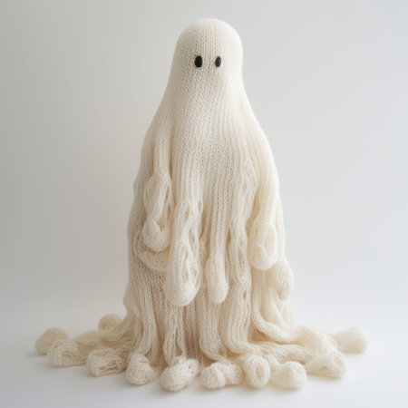 a knitted ghost with white hair, resembling intricate and bizarre illustrations, showcases the minimalist textiles influence of petrina hicks. this lovecraftian-inspired creation is crafted with a transparent-translucent medium, giving it an ethereal appearance. the ghost's ivory color and toy-like proportions add to its unique charm. ai generatedの素材