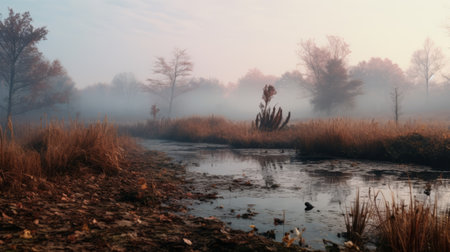 a foggy, rainy landscape featuring grass and a stream, captured in the style of luminist landscapes. this uhd image, taken with a rollei prego 90 camera, showcases a palette of light maroon and amber tones. inspired by the dusseldorf school of photography, this nature-inspired camouflage scene evokes a sense of romantic riverscapes. ai generatedの素材