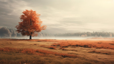 a single tree stands in a field, surrounded by an ethereal and otherworldly atmosphere. the style of the photo is a combination of light orange and light maroon, creating a dreamlike scene. the photorealistic renderings, enhanced with digital techniques, capture the soft mist and evoke the spirit of the hudson river school. shot with a sony fe 85mm f/1.4 gm lens. ai generatedの素材