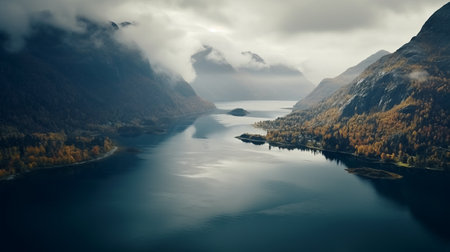 a stunning aerial photograph captures the breathtaking beauty of a canyon and lakes, reminiscent of mikko lagerstedt's 20th-century scandinavian style. the image showcases mountainous vistas in a palette of light teal and light amber, evoking the artistic influences of elisabeth sonrel. the composition portrays stormy seascapes with an intense play of light and shadow, creating a mesmerizing visual experience. ai generatedの素材