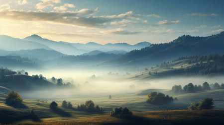 a winter landscape featuring green hills and cloudy skies, captured in the hazy romanticism style of olivier valsecchi. the detailed nature depictions showcase the beauty of the scenery, enhanced by the golden light. the image portrays nature-based patterns and offers a glimpse into rural life amidst the mountainous vistas. ai generatedの素材