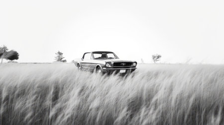 a black and white photo of a car in a field, capturing its motion and exuding a minimalistic serenity. this classic american car, reminiscent of the style of josh keyes and henry justice ford, is portrayed in a soft-focus portrait with photorealistic pastiche elements, creating a post-minimalist aesthetic. ai generatedの素材