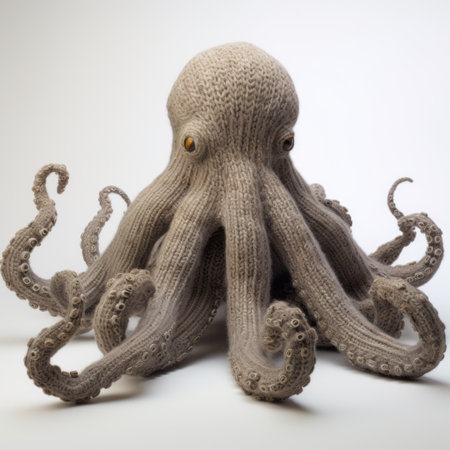 a 3d knitted doll of an octopus, inspired by the artistic styles of eduard gaertner and brian mashburn. this unique depiction of an animal is captured in a high-definition image, showcasing its light brown and gray colors. the image is available under a creative commons attribution license and is reminiscent of dutch marine scenes. ai generatedの素材