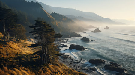 mountain scenery at the coast featuring majestic trees, towering cliffs, and breathtaking mountains. this stunning photograph captures the essence of renowned photographers like michael shainblum, ray collins, and alois arnegger. with its golden light and california plein air style, this 8k image showcases the beauty of coastal landscapes. ai generatedの素材