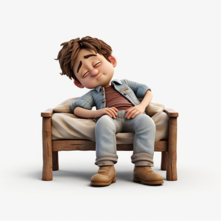 a boy peacefully sleeps on a couch in this rendered image created in cinema4d. the scene is characterized by soft, romantic elements, with a touch of grit and grain. the isolated figure adds a cinematic feel to the image, resembling a movie still. the overall atmosphere is joyful and optimistic. ai generatedの素材