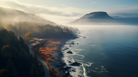 aerial view of a foggy mountain road and coastal road during autumn. captured in the style of tokina at-x 11-16mm f2.8 pro dx ii lens, this 32k uhd photograph showcases the beauty of the vancouver school. the golden light illuminates the naturalistic ocean waves, reminiscent of the hudson river school's rustic scenes. ai generatedの素材